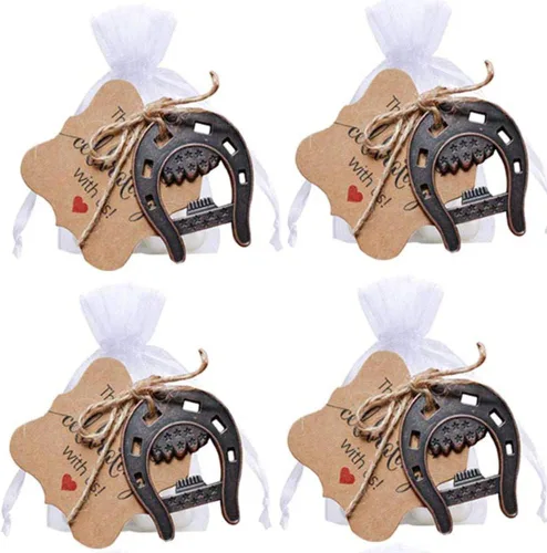 30 piezas de herraduras de la suerte de hierro fundido con tarjetas de etiqueta, bolsa transparente para recuerdos de boda vintage, decoraciones de