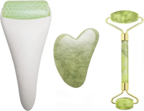 Miniatura 10 de Rodillo de jade de hielo facial 3 en 1 y herramienta Gua Sha, 100% natural de jade real, antiarrugas, herramienta masajeadora de cuello