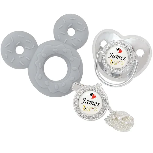 Miniatura 9 de Juego de chupete personalizado y clip para chupete con nombre, chupete personalizado, nombre y cadena personalizados, juguetes mordedores de Dorado