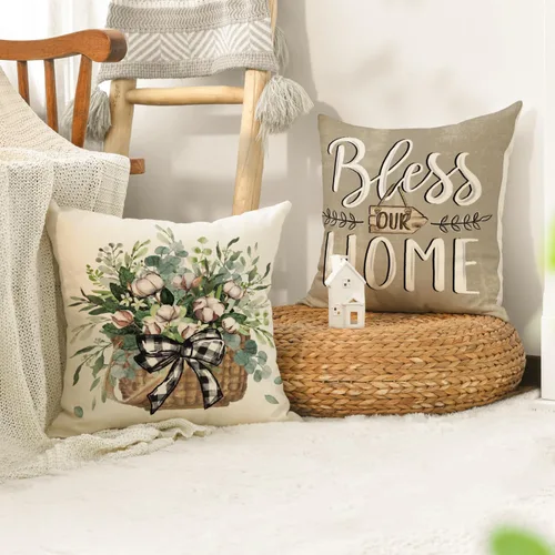 Miniatura 5 de AVOIN colorlife - Fundas de cojín estilo granja con mensaje Bless Our Home, diseño de hojas de eucalipto y camión azul Home Sweet Home, 16 x 16