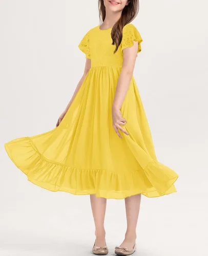 Miniatura 7 de MITILLY Vestido midi de gasa con volantes y cuello redondo y encaje elegante para niñas