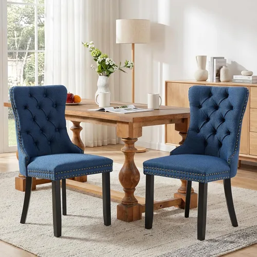 Miniatura 136 de SoarFlash Juego de 2 sillas de comedor de tela de lino, sillas de comedor tapizadas con ribete de cabeza de clavo y patas de madera de color claro