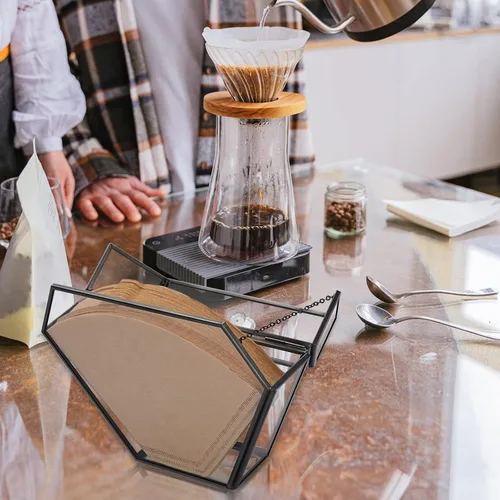 Miniatura 6 de ELLDOO Soporte de filtro de café de vidrio negro Contenedor de almacenamiento de papel de café Dispensador de papel de filtro Estante con cubierta a