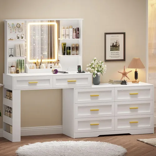 Miniatura 11 de ELYKEN Tocador Moderno con Espejo y Luces, Mesa de Maquillaje con Tablero de Vidrio y Enchufe Eléctrico, Tocador con 6 Estantes de Almacenamiento, 8