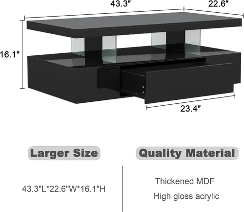 Miniatura 2 de ChooChoo Mesa de centro LED moderna, mesa central de alto brillo con cajón, mesa de centro negra con almacenamiento para sala de estar, dormitorio