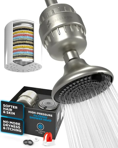 Miniatura 10 de SparkPod Cabezal de ducha filtrado de 23 etapas con 3 ajustes de pulverización, cabezal de ducha de alta presión con filtros para cabello y piel