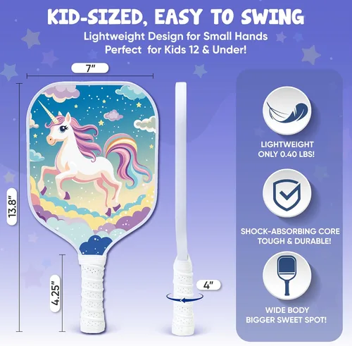 Miniatura 2 de Paleta de pickleball para niños diseñada para edades de 3 a 12 años, fibra de vidrio ligera (0.37 libras), agarre pequeño para un fácil control