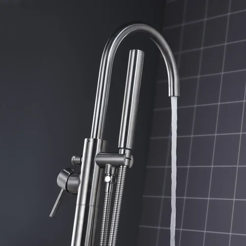 Miniatura 5 de Grifo de Bañera Independiente Relleno de Tina Grifo de Bañera de Montaje en Piso de Níquel Cepillado Manija Única Grifo de Latón con Ducha de Mano