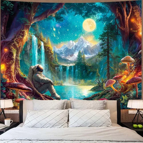 Miniatura 35 de Zussun Tapiz de hongo rojo, tapices de luna y estrella para dormitorio, estética de color beige, noche estrellada, planta verde, tapiz de pared