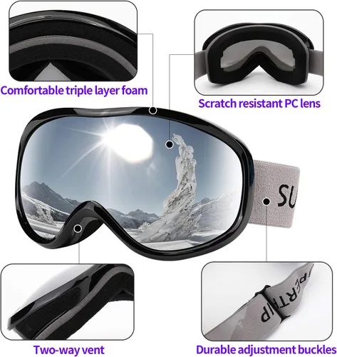 Miniatura 4 de Supertrip Gafas de esquí de nieve antivaho 100% protección UV gafas de esquí snowboard Marco negro/lente plateado (vlt 12%)