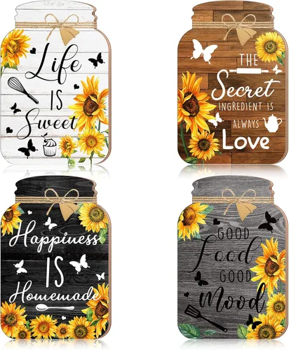 Qunclay Juego de 4 tarros de madera rústica para decoración de pared de cocina con girasol, decoración del hogar, decoración inspiradora para