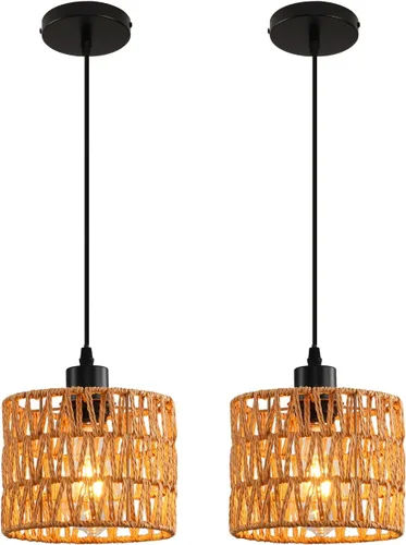 Miniatura 15 de Lámpara Colgante Tejida Candelabro Bohemio, Luces Colgantes de Ratán Isla de Cocina, Iluminación Colgante de Granja con Pantalla de Mimbre Tejida a
