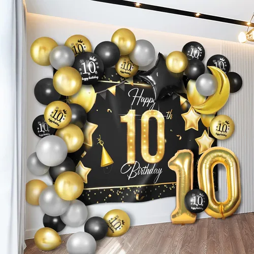 Juego de globos dorados de feliz cumpleaños número 10 – Saludos a los 10 años de edad, guirnalda temática de fiesta con estrellas y luna, decoración