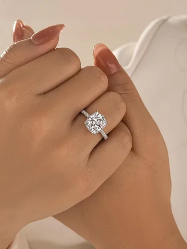 Miniatura 32 de Anillo de compromiso de corte cojín de 4 quilates para mujer, piedra blanca/amarilla grado 5A, circonita cúbica S925, plata, amarillo/blanco/oro rosa