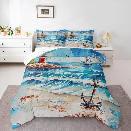 Miniatura 24 de Castle Fairy Juego de edredón de verano para niños, tamaño individual, diseño náutico reversible con diseño náutico de estrellas de mar, barco y Azul