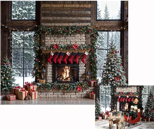 Miniatura 7 de Kate Telones de fondo de Feliz Navidad de 7x5 pies para fotografía, fondo de árboles de Navidad, calcetines de Santa, fondo de chimenea de ladrillo
