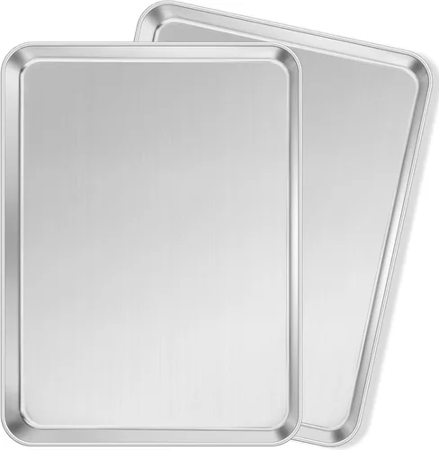 Leonyo Hojas para hornear de acero inoxidable de 17 x 13 pulgadas, paquete de 2 bandejas de media hoja de acero inoxidable para hornear galletas,