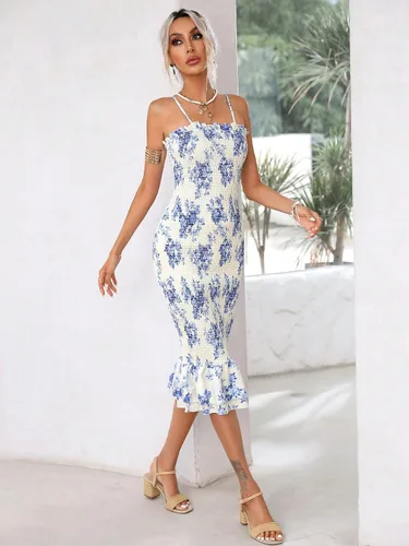 Miniatura 5 de Floerns Vestido de tirantes sin mangas con estampado floral elegante y dobladillo con volantes para mujer