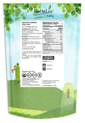 Miniatura 2 de Food to Live Organic Energy Trail Mix, 8 onzas, frutos secos y bayas crudos y sin OMG, incluyendo anacardos, bayas doradas, pasas, nueces y nueces