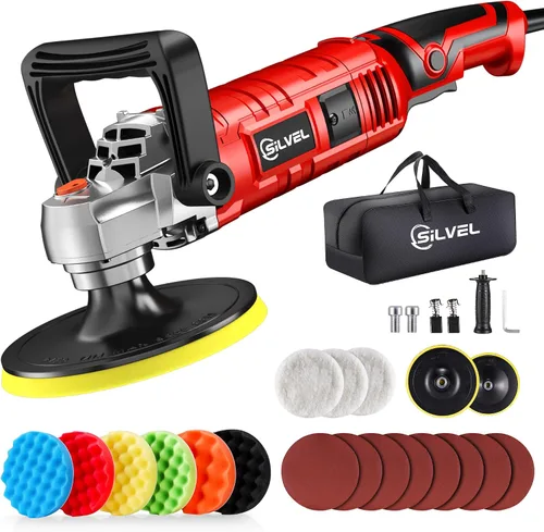 SILVEL Pulidora de tampón, 1600 W, pulidora de 7 pulgadas/6 pulgadas para detalles de automóviles, máquina de cera, 7 velocidades variables, con 6