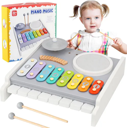 Juego de instrumentos musicales para niños, batería de piano - Juguetes Montessori 5 en 1 para bebés pequeños, kit de música de madera con teclado