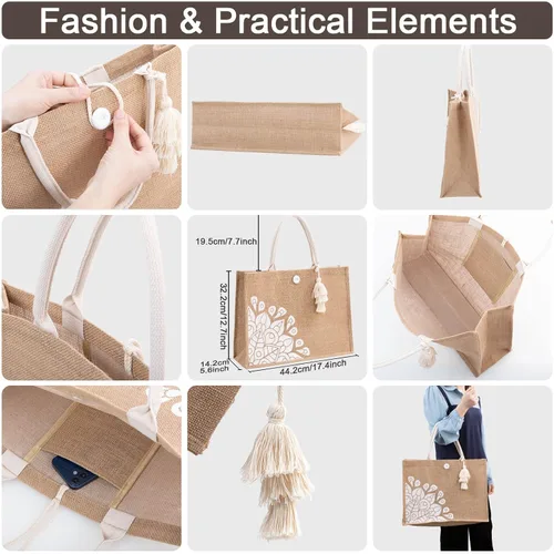 Miniatura 3 de itgowisa Bolsas de playa para mujer, lindas bolsas de yute reutilizables a la moda para playa, compras, viajes, regalo (grande y pequeña)