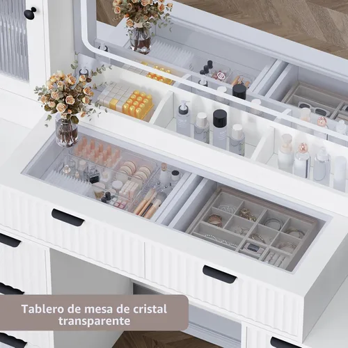 Miniatura 4 de Escritorio de maquillaje estriado con espejo y luces, tocador superior de cristal de 55 pulgadas con 8 cajones y 4 gabinetes de vidrio RGB, estantes
