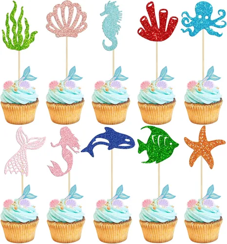 Miniatura 9 de Gyufise 1 pieza de decoración de pastel de sirena de feliz cumpleaños con purpurina de animales del océano, conchas marinas, cola de sirena