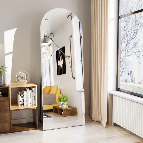 Miniatura 5 de Espejo de longitud completa de 56 x 16 pulgadas, espejo arqueado con soporte de pared, espejo de cuerpo completo plateado, para colocar de pie, Plata