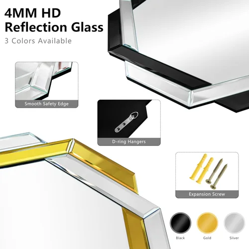 Miniatura 3 de Espejo de baño dorado de 20 x 20 pulgadas, espejo de pared helicoide decorativo, con borde biselado hexagonal sin marco para pared, baño, tocador