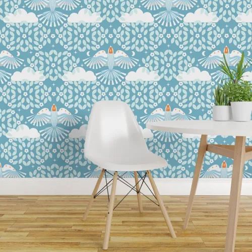 Miniatura 3 de Removable Wallpaper Swatch - Blue Sky Folk Art Orange Aqua Maximalist Magic Lucid Dreaming Scandi Scandinavian Mystical Large Custom Pre-Pasted