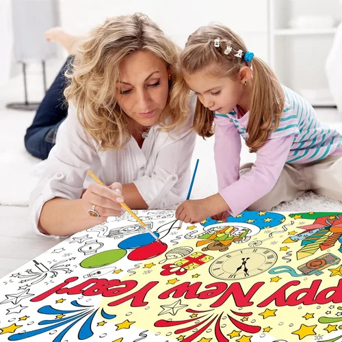 Miniatura 4 de Póster gigante para colorear con texto en inglés «Happy New Year» para niños y niñas, mantel gigante para colorear con libros grandes, para pared