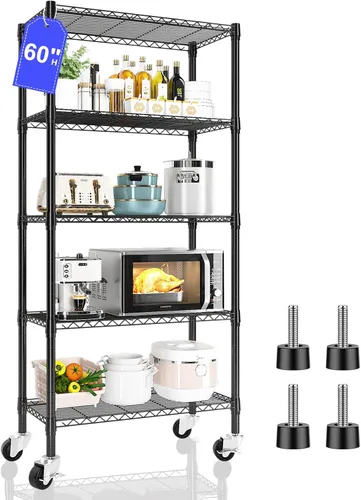 Estantería de 5 niveles con estantes de alambre, estante ajustable resistente con ruedas para almacenamiento móvil, 14" de profundidad x 30" de