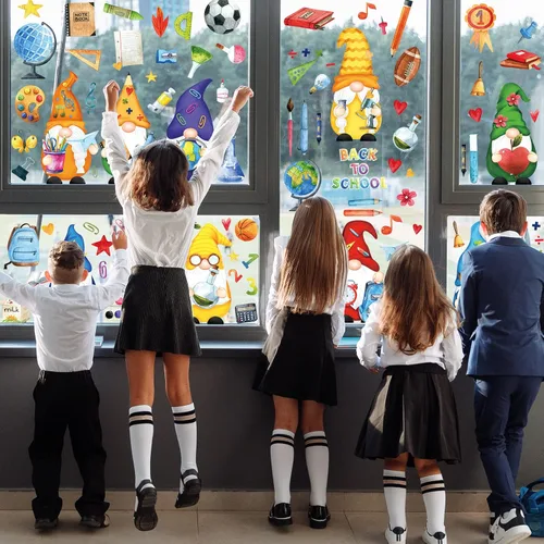 Miniatura 7 de Whaline 9 hojas de calcomanías para ventana de regreso a la escuela, gnomo lápiz libro globo mochila escolar, calcomanías para ventana
