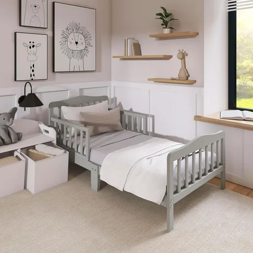 Miniatura 3 de Dream On Me Cama para niños pequeños de diseño clásico en gris claro, cama de madera baja al piso con rieles de seguridad, certificada GREENGUARD