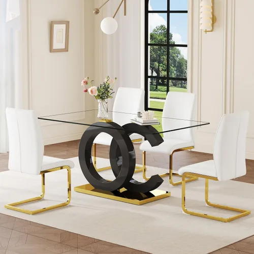 Miniatura 28 de Juego de mesa de comedor de cristal de 63 pulgadas para 6, juego de mesa de comedor moderno para 6, mesa de vidrio templado con patas negras