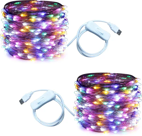 Miniatura 22 de RUICHEN Guirnalda de luces USB de 33 pies, 100 luces LED con interruptor de encendido/apagado (blanco cálido, paquete de 2)