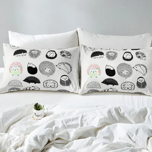 Miniatura 5 de Erosebridal Juego de funda de edredón Kawaii de tamaño individual, diseño de erizo de dibujos animados en blanco y negro, regalo de erizo para niñas