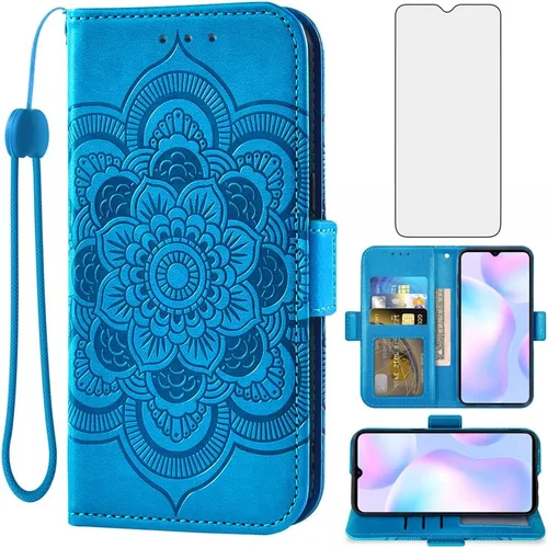 Asuwish Compatible con Xiaomi Redmi 9A Redme 9i - Funda tipo cartera y protector de pantalla de vidrio templado, funda de cuero con tapa para Azul