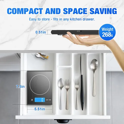 Miniatura 3 de Diyife - Báscula de cocina recargable de acero inoxidable 304, báscula digital de alimentos de 33 libras con pantalla LCD, baterías y carga tipo C