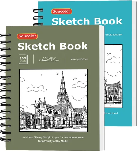 Soucolor Paquete de 2 cuadernos de bocetos de 5.5" x 8.5" pulgadas, 200 hojas cuaderno diario en blanco, A5, bloc de bocetos con encuadernación en