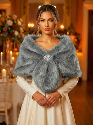 Miniatura 19 de Aukmla Bufanda de piel de boda para mujer con broche de diamantes de imitación para novia y damas de honor