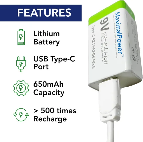Miniatura 2 de MaximalPower Batería recargable de iones de litio de 9 V de 650 mAh con cable de carga USB tipo C para detectores de humo, alarma digital, pedales