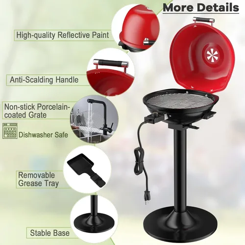 Miniatura 5 de Giantex Parrilla eléctrica para interiores y exteriores, parrilla portátil de 1600 W con rejilla antiadherente extraíble, temperatura ajustable, Rojo