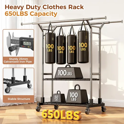 Miniatura 7 de Luxspire Perchero resistente con carga de 650 libras, percheros de ropa de doble barra para colgar ropa, estantes de ropa rodantes con ruedas
