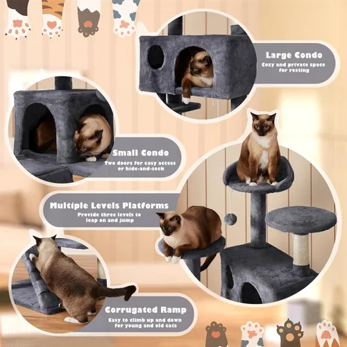 Miniatura 4 de Yaheetech Árbol para gatos de 54 pulgadas, torre para gatos de varios niveles con espaciosa percha de orejas de gatito, 2 cuevas acogedoras, postes
