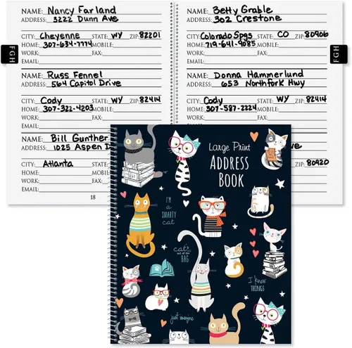 Smarty Cats - Libreta de direcciones impresa grande, 56 páginas, grande de 7 x 8-1/2 pulgadas, encuadernada en espiral, fácil lectura legible