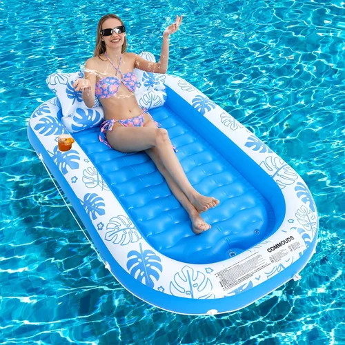 Miniatura 9 de Flotador Inflable para Piscina de Bronceado con Almohada Cervical - Flotadores de Piscina para Adultos para Tomar el Sol, Patio Trasero, Fiesta