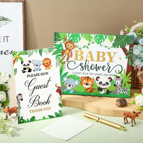 Miniatura 2 de Fuyoooo 27 piezas de libro de invitados para baby shower de safari en la jungla con tarjeta de lugar floral y sello de inicio de sesión para baby