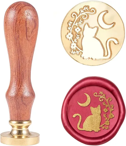 CRASPIRE Sello de cera para gatos, sello de cera de luna, diseño de flores, retro, de 0.98 pulgadas, cabeza de sello de latón extraíble con mango de